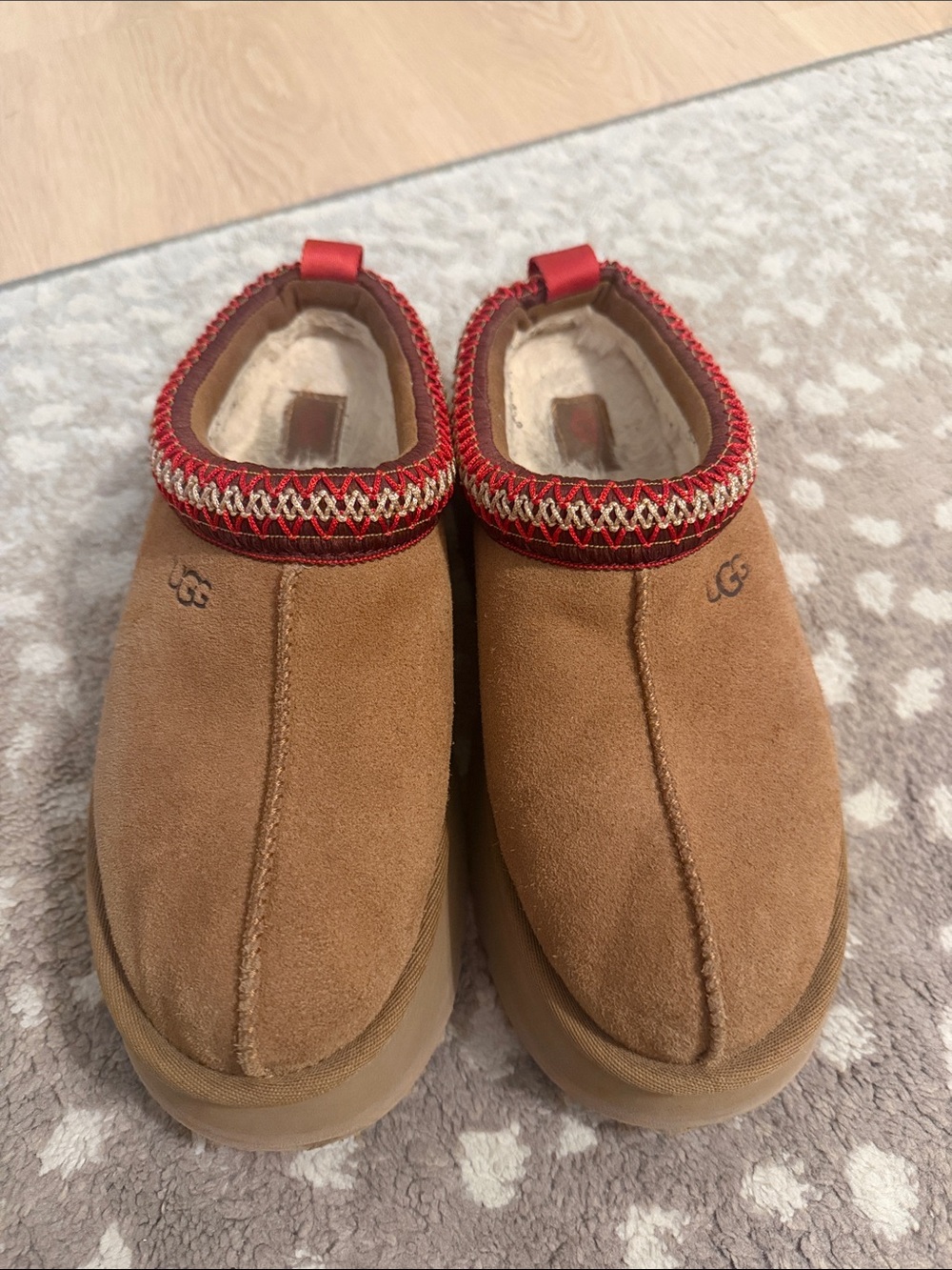 UGG Chestnut and Red Suede Slip-On Moccasin Slippers